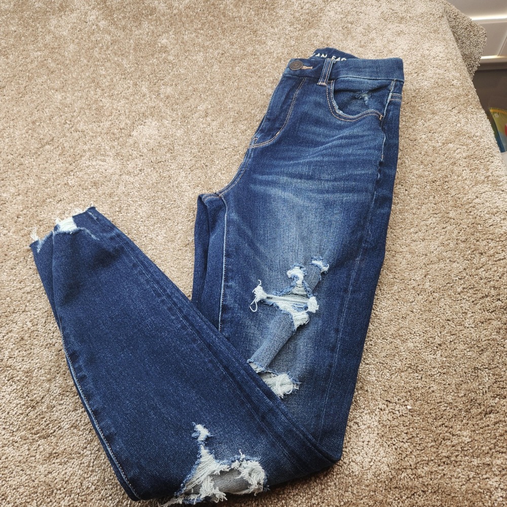 American Eagle Curvy Hi-Rise Jegging Dark Wash Distressed Jeans 00 Regular